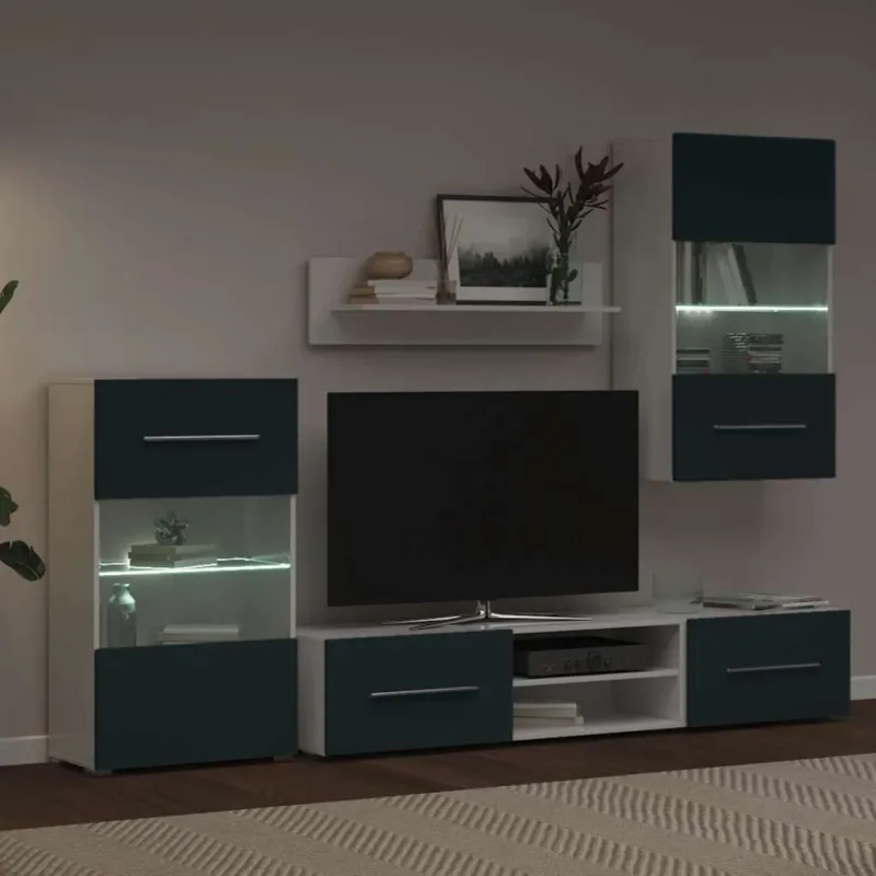 5 dalių televizoriaus spintelės su LED apšvietimu, matinės indigo spalvos, inžinerinė mediena