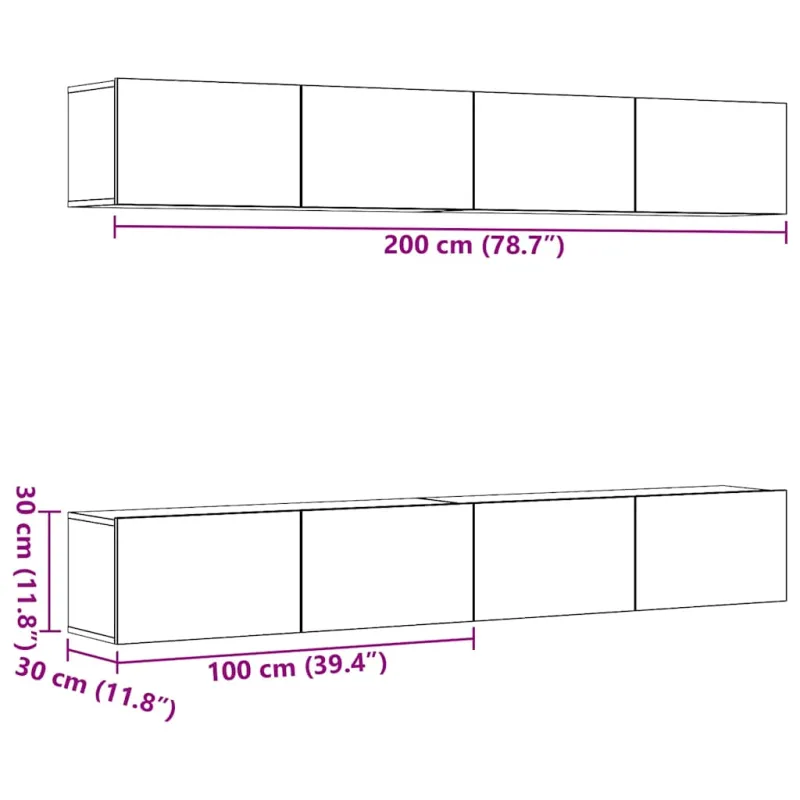 4 dalių prie sienos tvirtinamas televizoriaus spintelių komplektas, ąžuolo spalvos, 100x30x30 cm