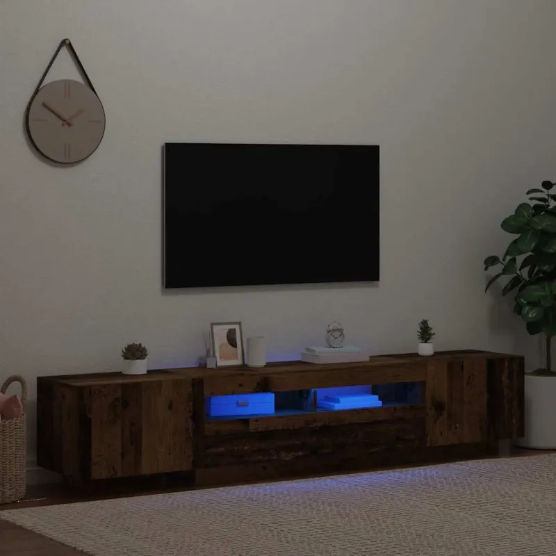 TV spintelė su LED lemputėmis, senovinė mediena, 200x35x40cm, inžinerinė mediena