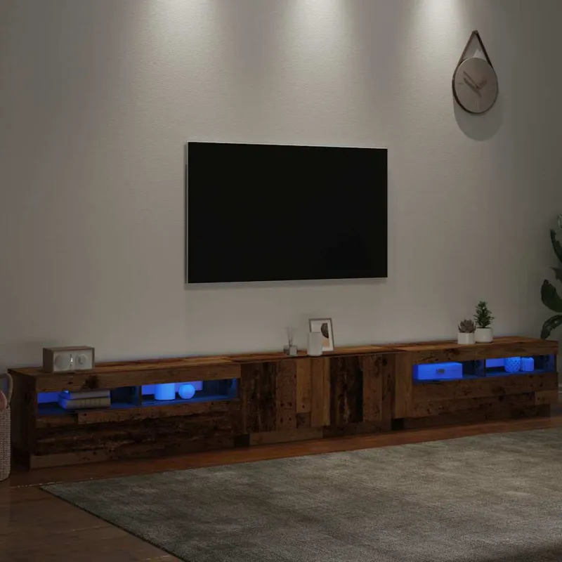TV spintelė su LED lemputėmis, senovinė mediena, 300x35x40cm, inžinerinė mediena
