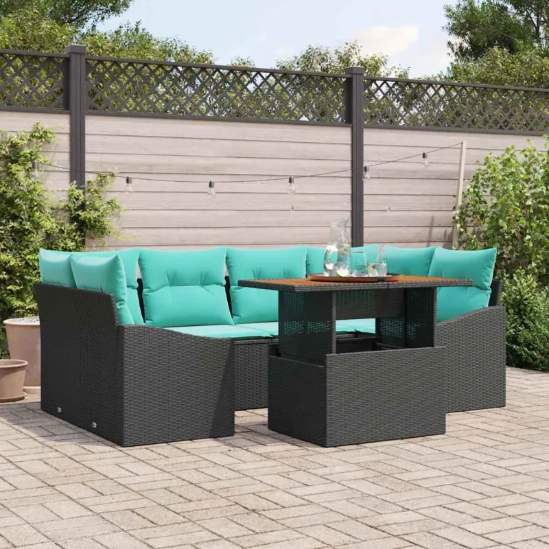 Sodo valgomojo komplektas 7 pcs Juoda ir žalsvai mėlyna