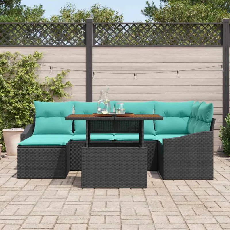 Sodo valgomojo komplektas 7 pcs Juoda ir žalsvai mėlyna
