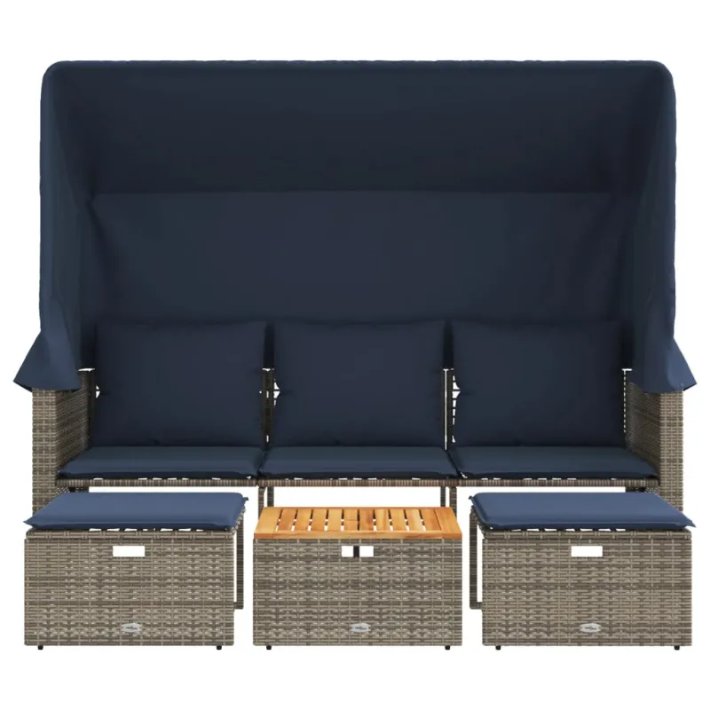 Sodo sofa, 3 vietų, su stogeliu ir taburetėmis, pilka, poliratanas
