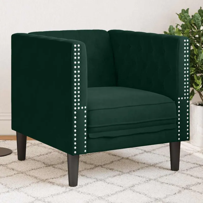 Česterfildo sofa-kėdė, tamsiai žalia, aksomas