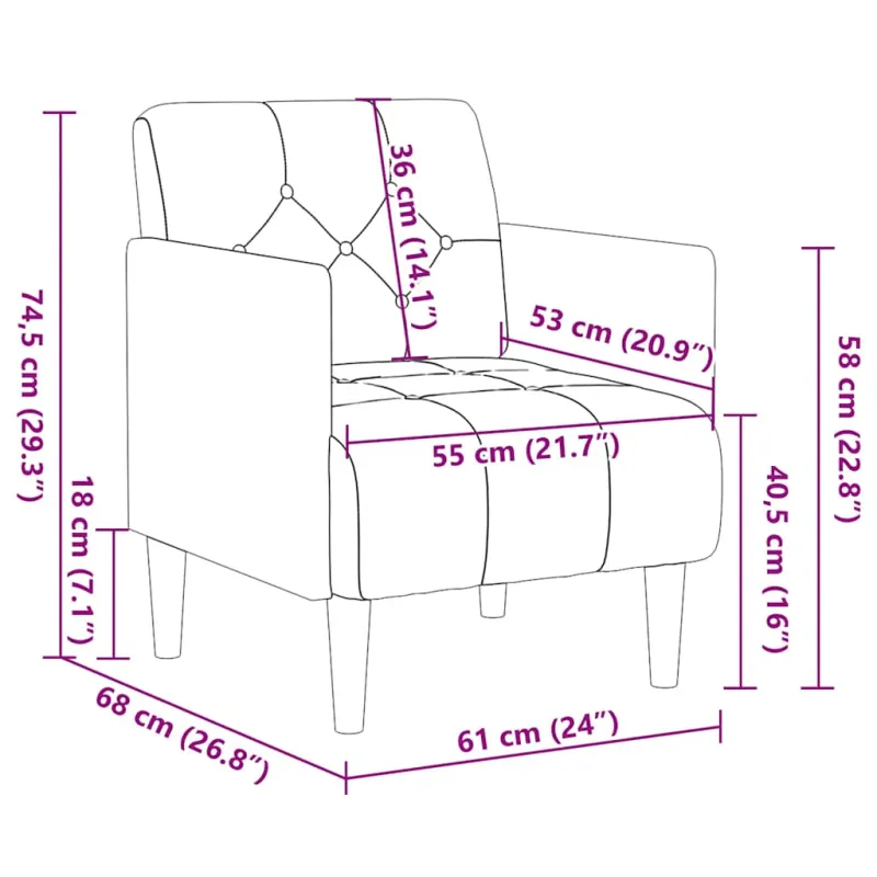 Sofa-kėdė su porankiais, kreminės spalvos, 55 cm, aksomas