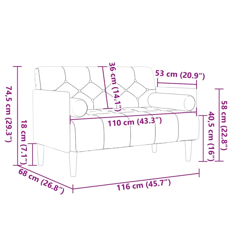 Dvivietė sofa su pagalvėlėmis, kreminės spalvos, 110 cm, aksomas
