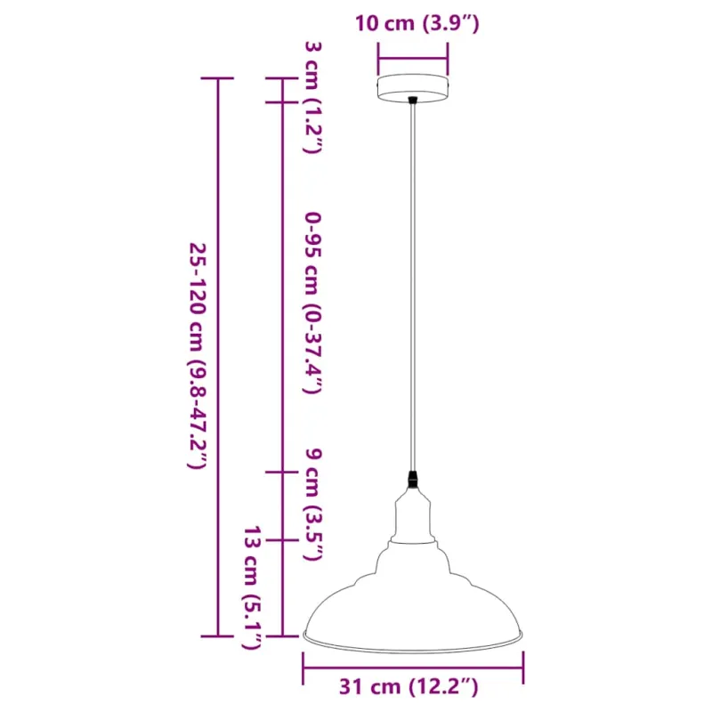 Pakabinamas šviestuvas, reguliuojamo aukščio, E27, blizgios juodos spalvos, Ø 31 cm, metalas