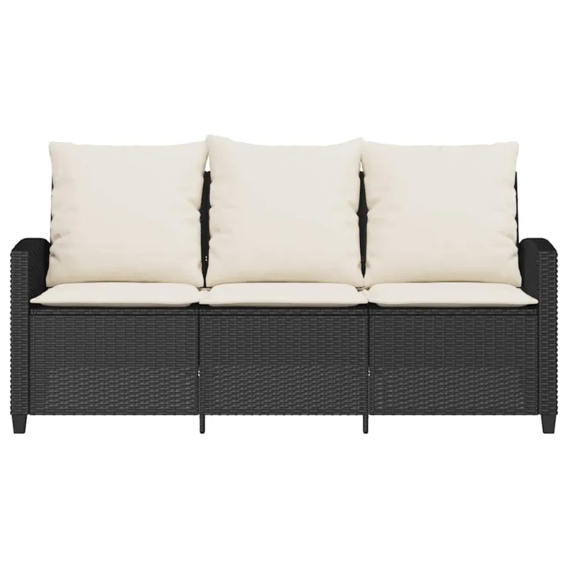 Sodo sofa, 3 vietų, su pagalvėlėmis ir stalu, juoda, poliratanas