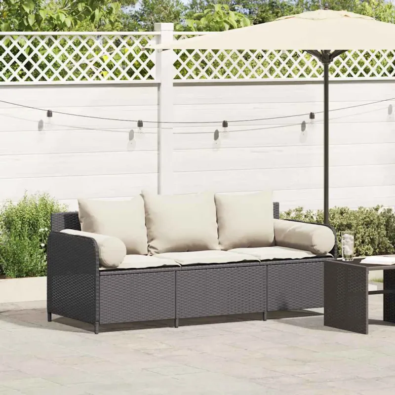 Sodo sofa su pagalvėlėmis, 3 sėdimos vietos, juodas, poliratanas