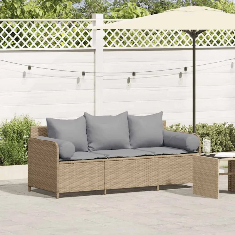Sodo sofa su pagalvėlėmis, 3 sėdimos vietos, smėlio spalvos, poliratanas