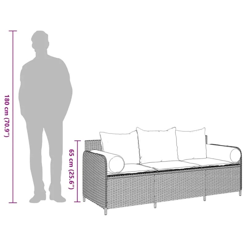 Sodo sofa su pagalvėlėmis, 3 sėdimos vietos, šviesiai pilka, poliratanas