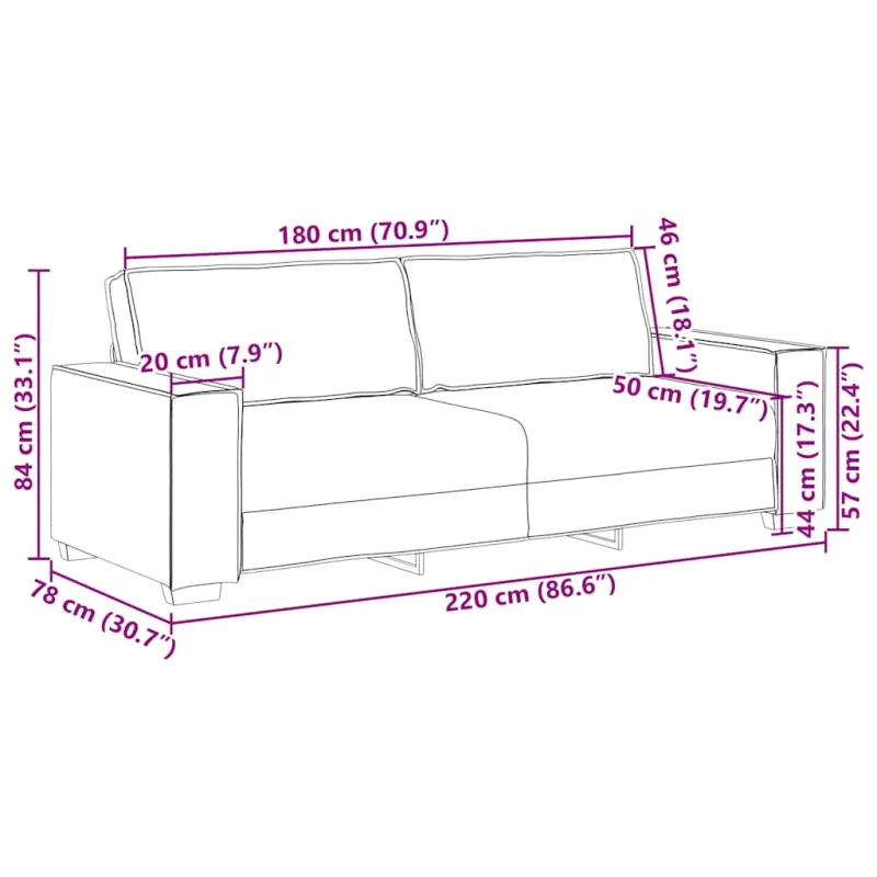 Trivietė sofa, rožinė, 220x78x84 cm, aksomas