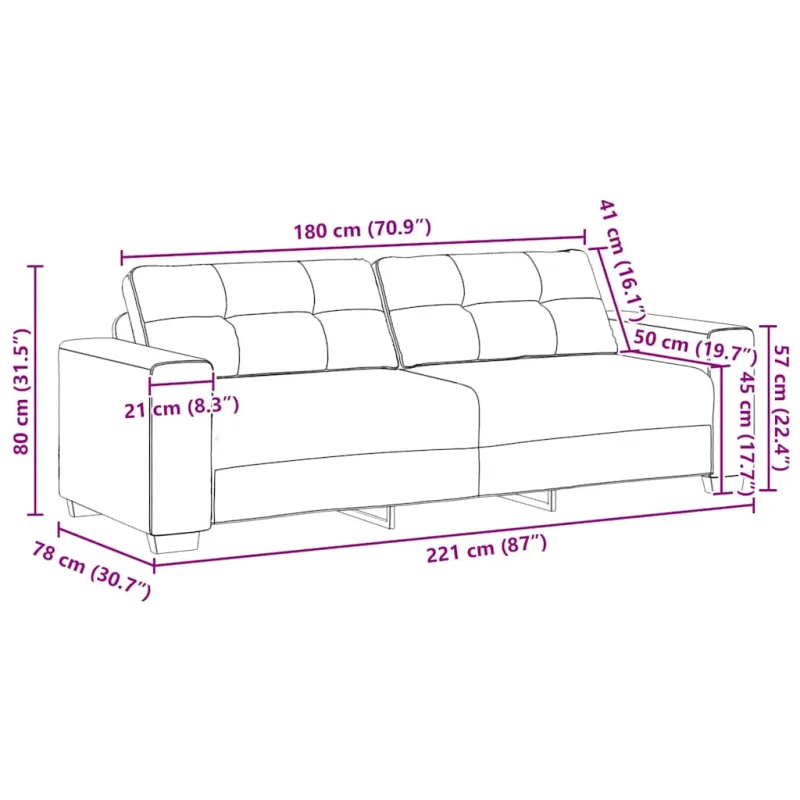 Trivietė sofa, šviesiai pilka, 220x78x80 cm, aksomas
