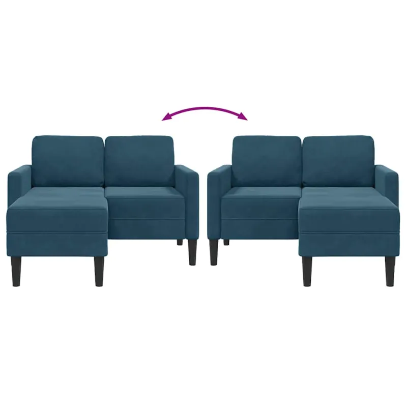Dvivietė sofa su šezlongu, L formos, mėlyna, 125 cm, aksomas