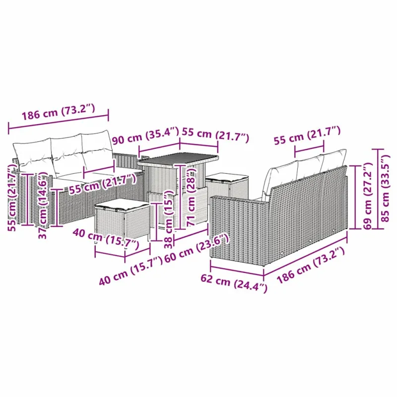 Sodo sohvaryhmä 9 osaa, hiekka-polyrattana