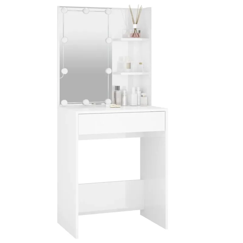 Kosmetinis staliukas su LED, baltas, 60x40x140cm, blizgus