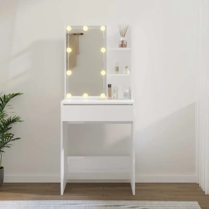 Kosmetinis staliukas su LED, baltas, 60x40x140cm, blizgus