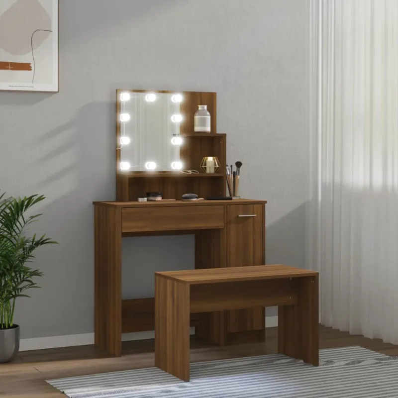 Kosmetinio staliuko komplektas su LED, rudas ąžuolo, mediena