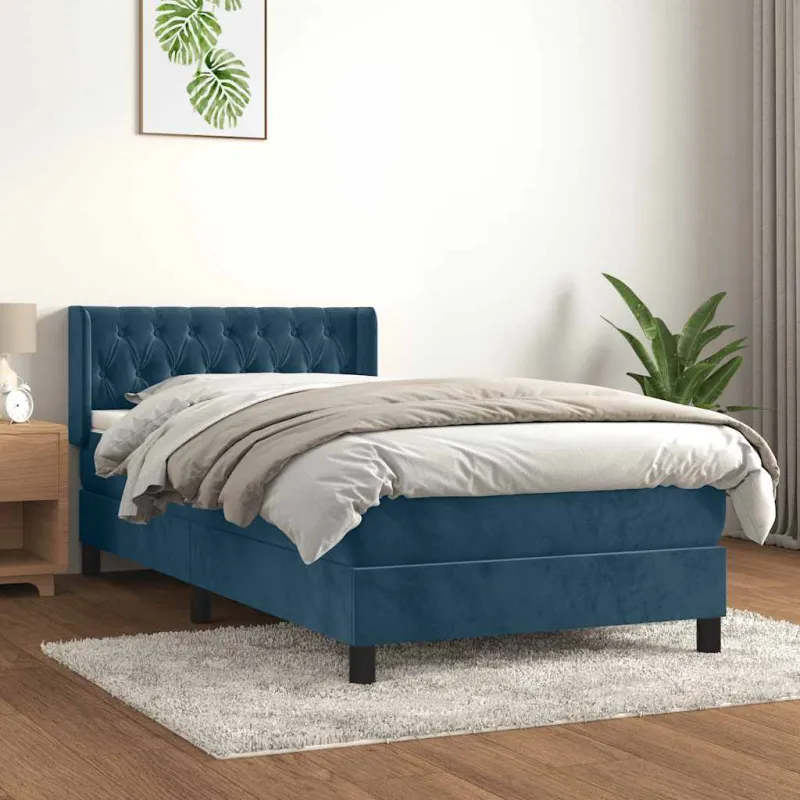 Lova su spyruoklėmis ir čiužiniu, mėlyna, 90x190 cm, aksomas