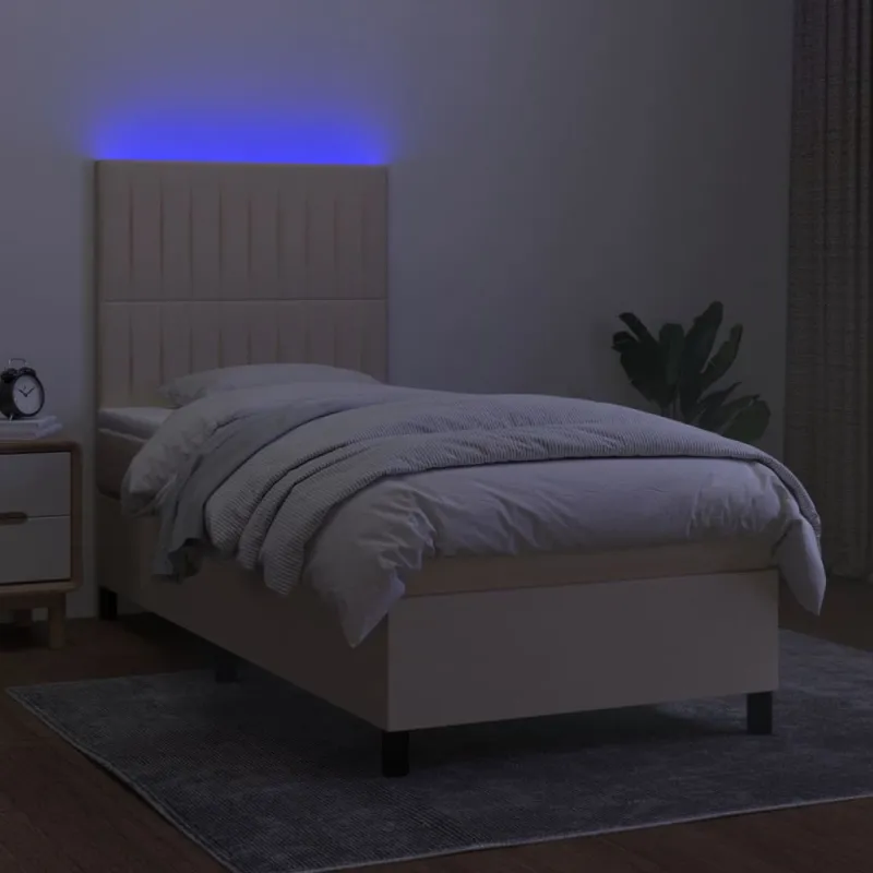 Lova su spyruoklėmis/čiužiniu/LED, kreminė, 90x200 cm, audinys