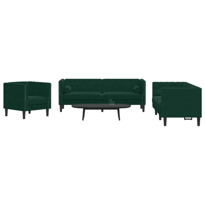 Chesterfield sofų komplektas su pagalvėlėmis, 3 dalių, žalia
