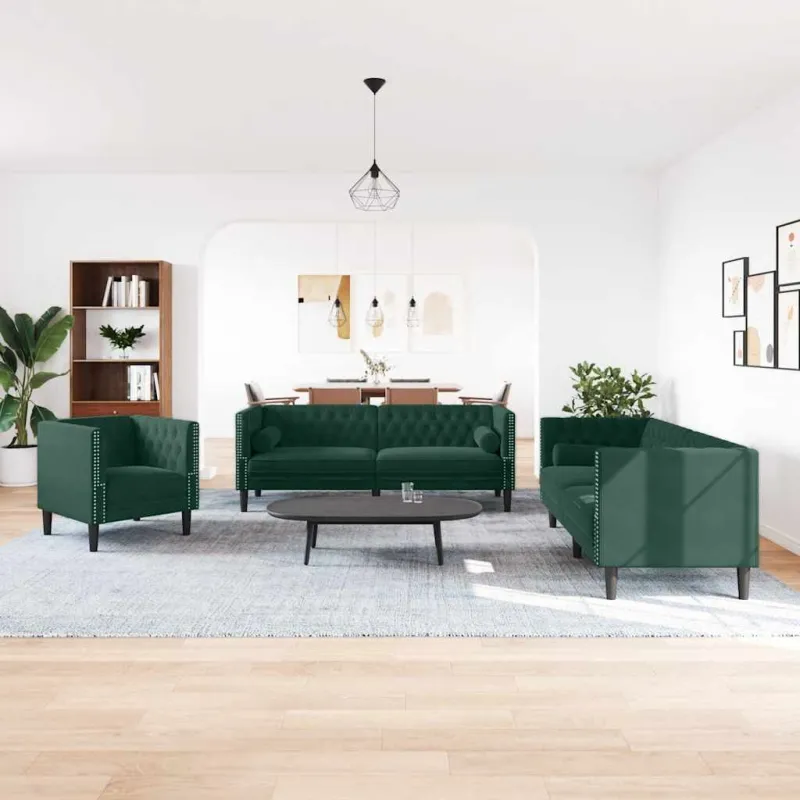 Chesterfield sofų komplektas su pagalvėlėmis, 3 dalių, žalia