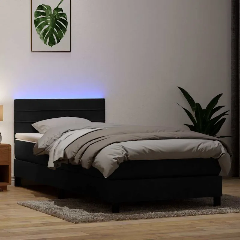 Lova su spyruokliniu/čiužiniu/LED, juoda, 90x210 cm, aksominė