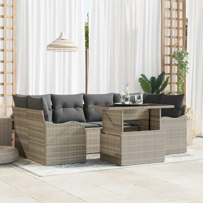 Sodo Sofų Rinkinys su pagalve 7 pcs Šviesiai pilka Poli ratanas