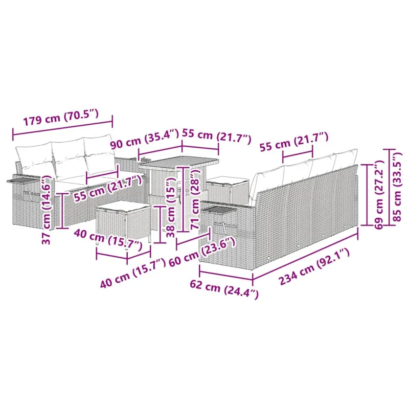 Sodo sohvaryhmä 10 osaa, hiekansävyinen polyrattana