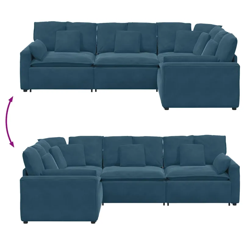 Modulinė sofa su pagalvėlėmis, aksominė, mėlyna
