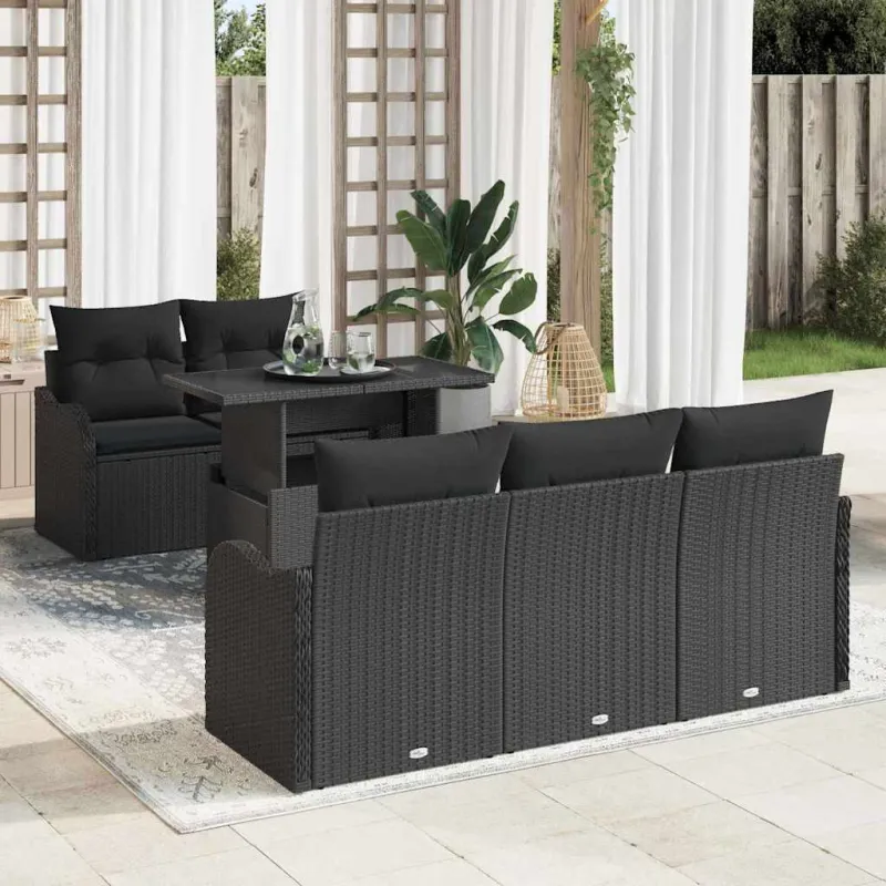 Sodo Sofų Rinkinys su pagalve 6 pcs Juoda Poli ratanas