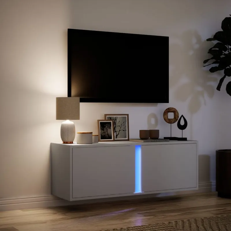 Sieninė TV spintelė su LED lemputėmis, balta, 100x31x35cm