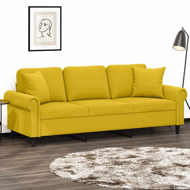 Trivietė sofa su pagalvėlėmis, geltonos spalvos, 180cm, aksomas