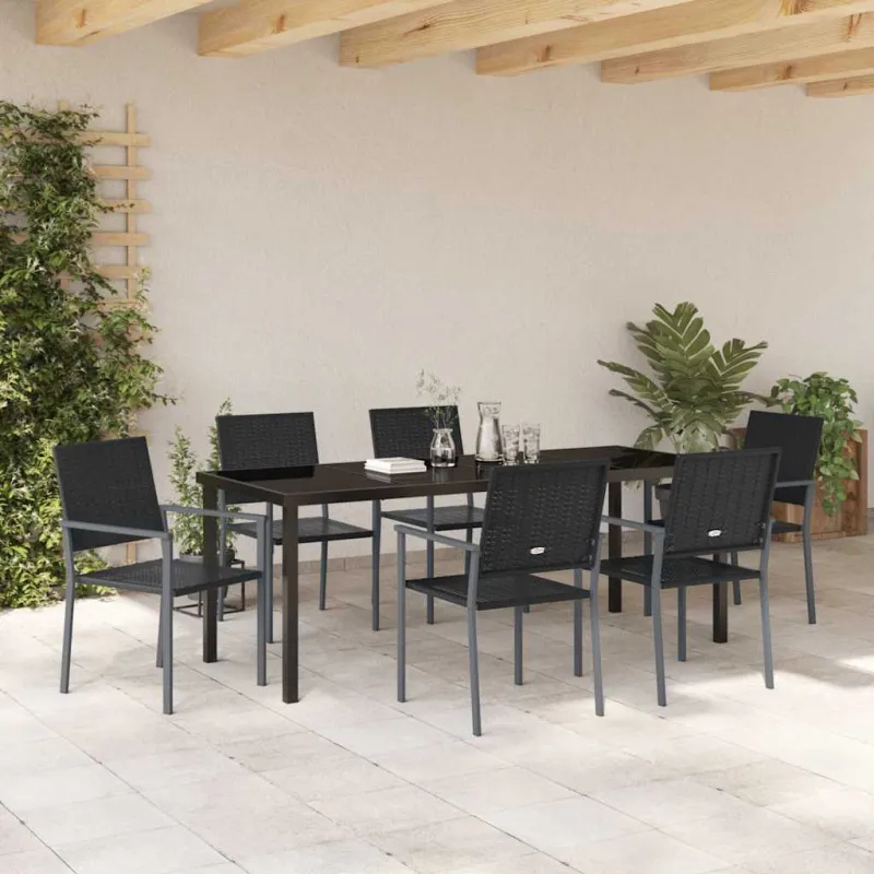 Sodo valgomojo komplektas 7 pcs Juoda PE ratanas