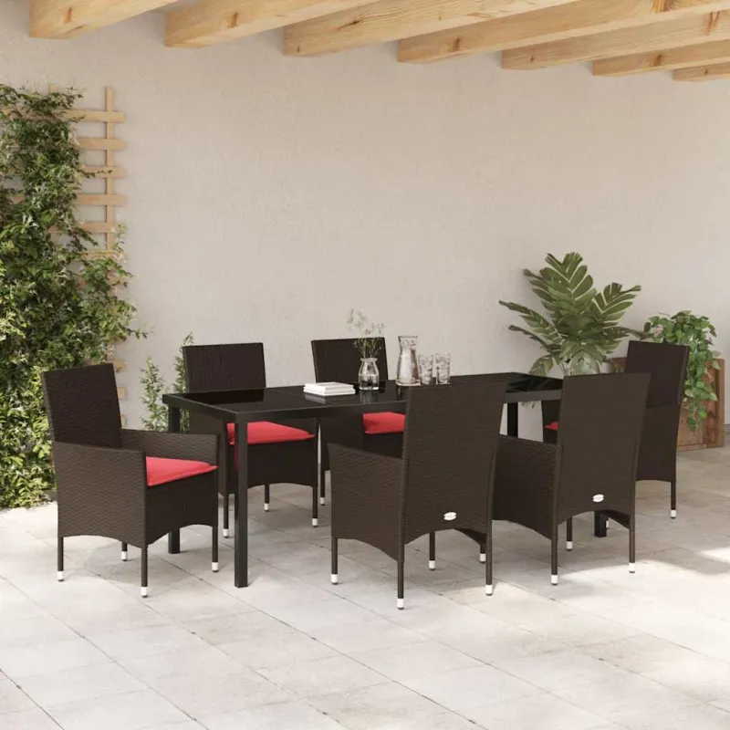 Stalo ir kėdžių komplektas su pagalve 7 pcs Ruda PE ratanas
