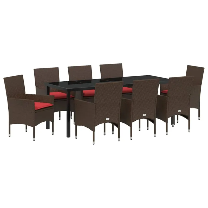 Stalo ir kėdžių komplektas su pagalve 9 pcs Ruda PE ratanas