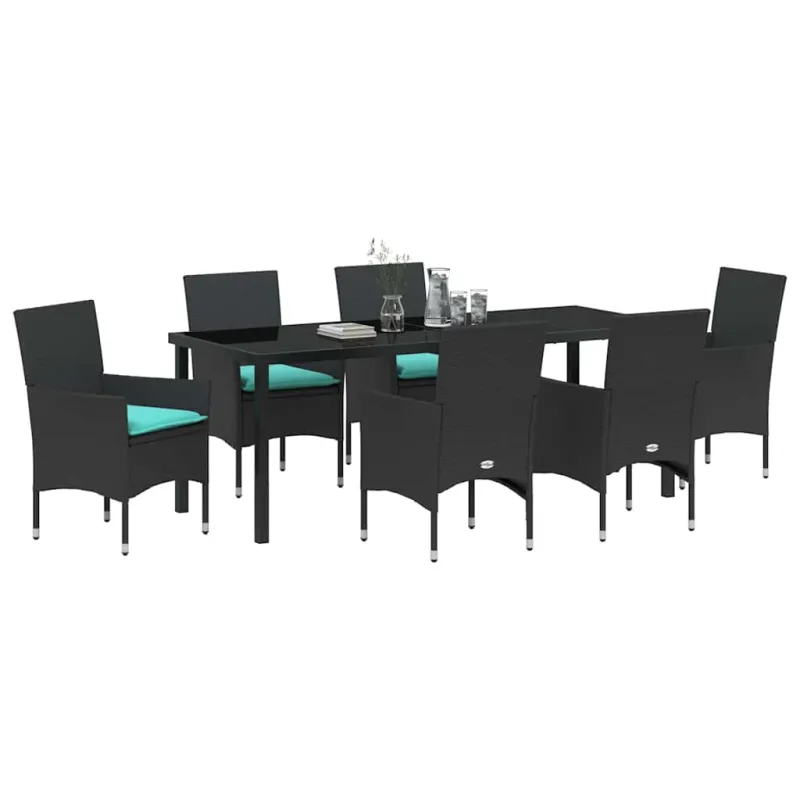 Stalo ir kėdžių komplektas su pagalve 7 pcs Juoda PE ratanas