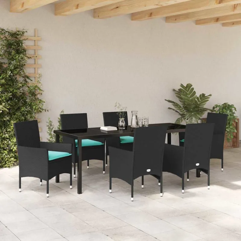 Stalo ir kėdžių komplektas su pagalve 7 pcs Juoda PE ratanas