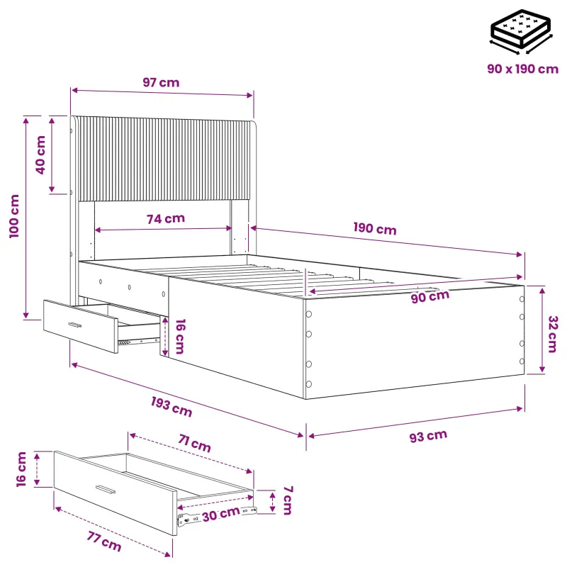 Lovos rėmas su saugojimu ir nugara Balta 90 x 190 cm
