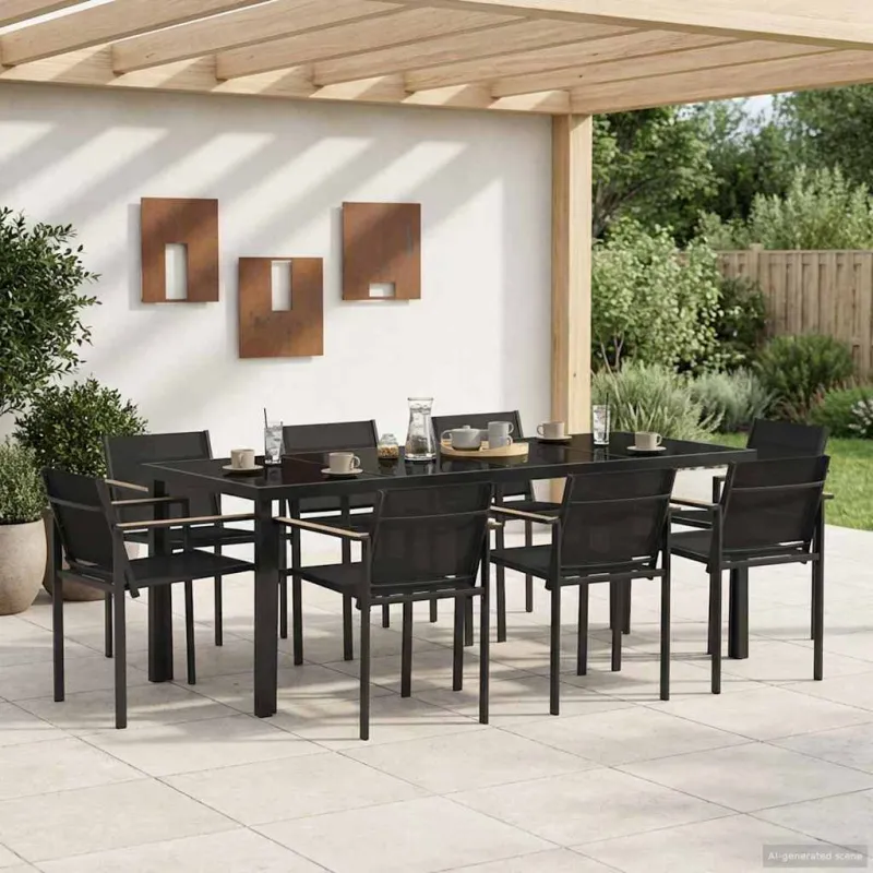Lauko baldų komplektas 9 pcs Juoda ir Antracitas Tekstilenas