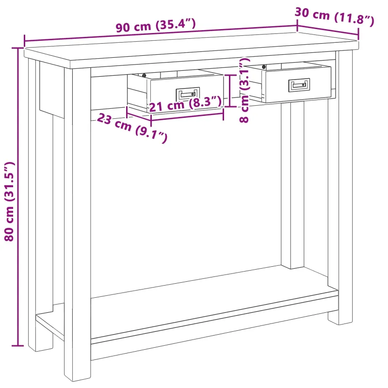 Konsolinis stalas Natūrali 90 x 30 x 80 cm Kieto teka medžio