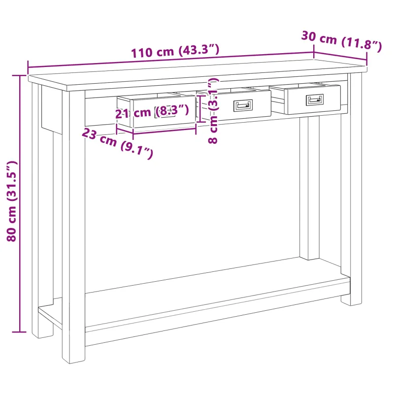 Konsolinis stalas Natūrali 110 x 30 x 80 cm Kieto teka medžio