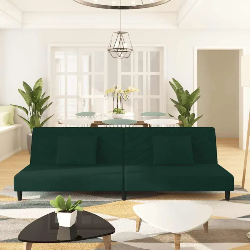 Dvivietė sofa-lova su dvejomis pagalvėmis, žalia, aksomas