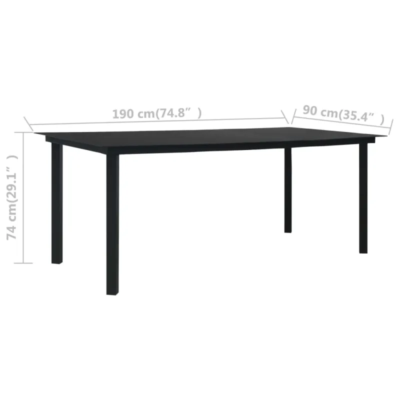 Sodo valgomojo stalas, juodas, 190x90x74cm, plienas ir stiklas