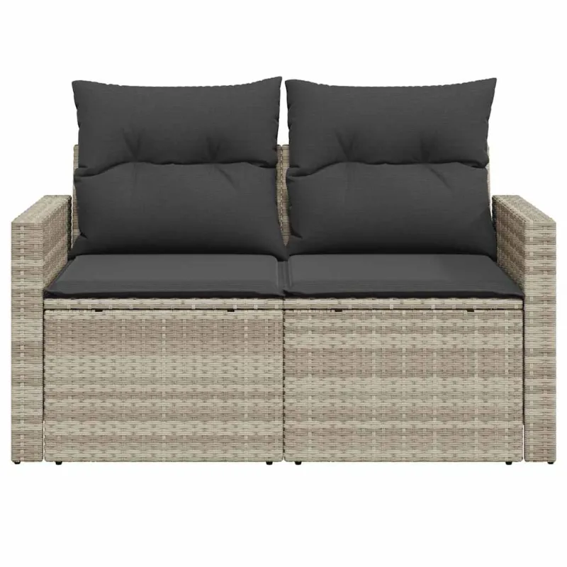 Dvivietė sodo sofa su pagalvėlėmis, šviesiai pilka, poliratanas