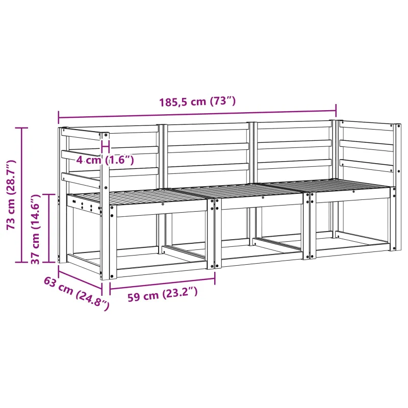 Lauko sofos komplektas 3 pcs Balta 185,5 x 63 x 73 cm