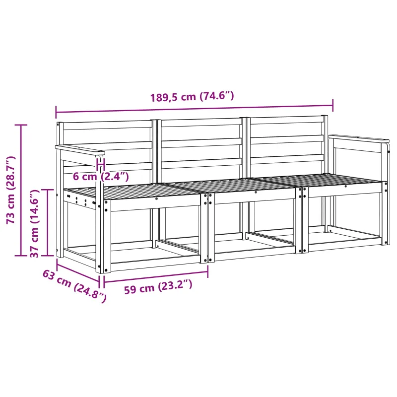 Lauko sofos komplektas 3 pcs Balta 189,5 x 63 x 73 cm