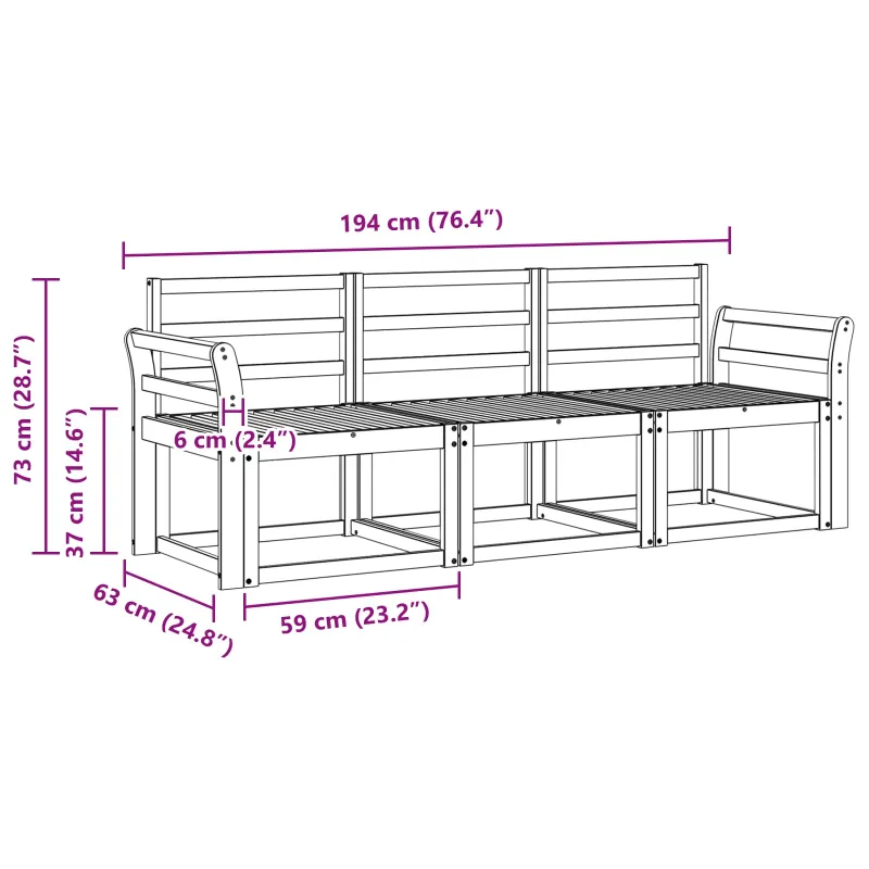 Lauko sofos komplektas 3 pcs Balta 194 x 63 x 73 cm