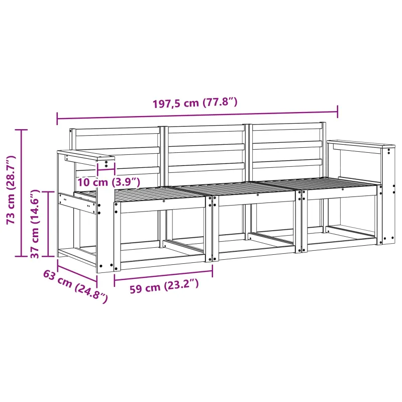 Lauko sofos komplektas 3 pcs Balta 197,5 x 63 x 73 cm