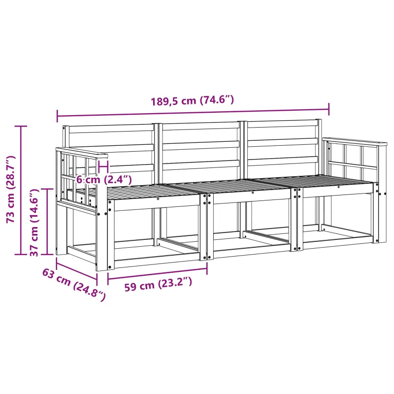 Lauko sofos komplektas 3 pcs Balta 189,5 x 63 x 73 cm